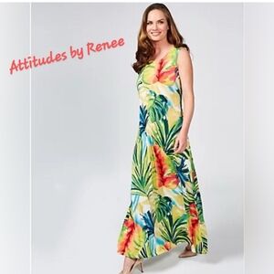 Attitudes By Renee Abstract Tropical Print Maxi Jersey Dress Size Lp